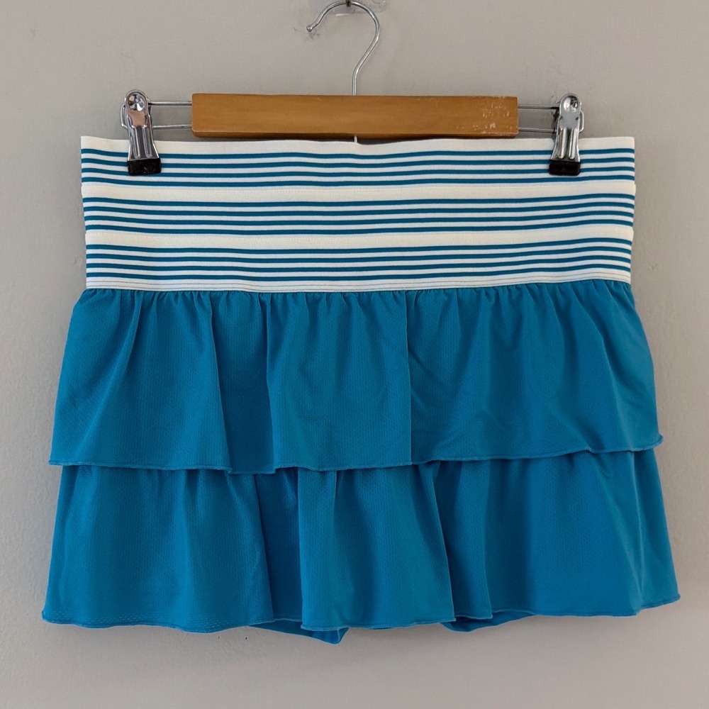 Lucky in Love Womens Teal Blue Tiered Ruffle Tennis Skort Striped Waist Medium